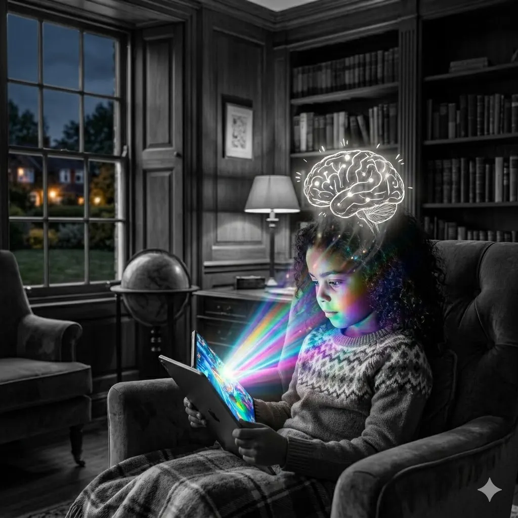 Criança em ambiente cinza com tela colorida do tablet projetando luzes
