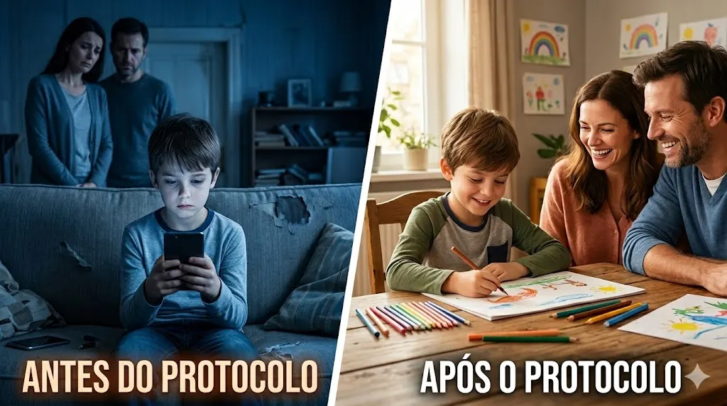 Antes do Protocolo: criança presa ao celular. Após o Protocolo: família reconectada