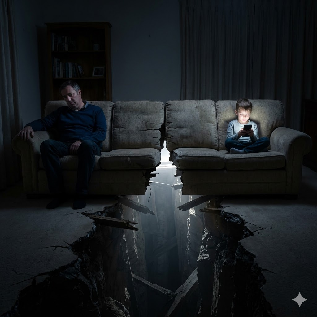 Pai e filho no sofá separados por uma fenda no chão simbolizando o isolamento