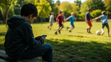 Criança sentada no banco do parque mexendo no celular enquanto outras crianças brincam ao fundo