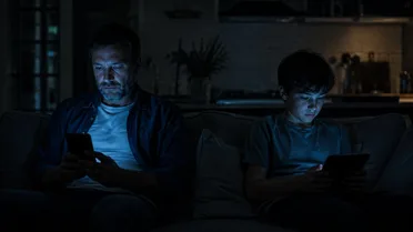 Pai e filho no mesmo sofá com distância emocional, filho absorto no celular